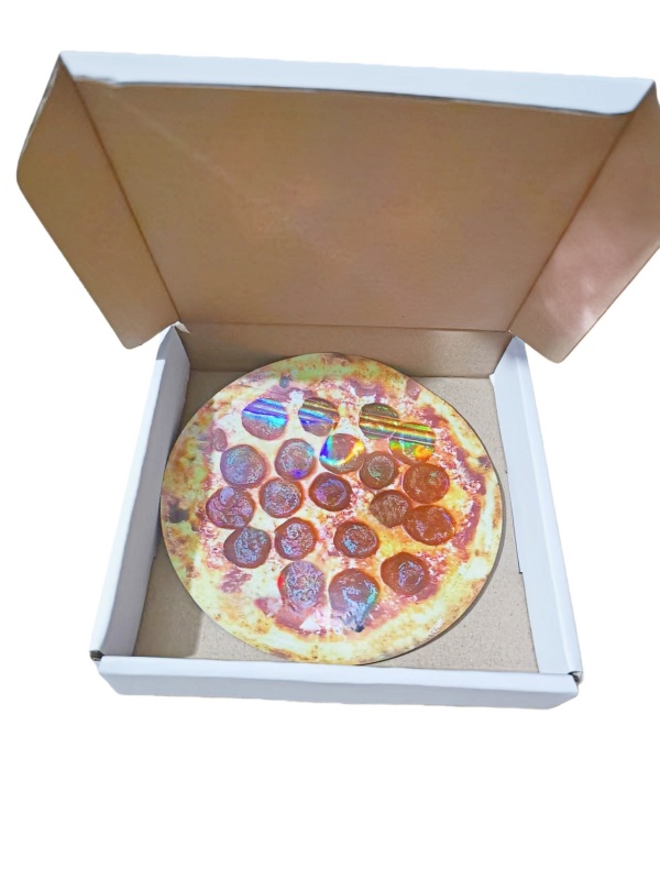 holographic pizza bag matching box 3.5 mylar bag stand up foil pouch die cut shape 1/8oz cali pack smell proof packaging baggies custom print