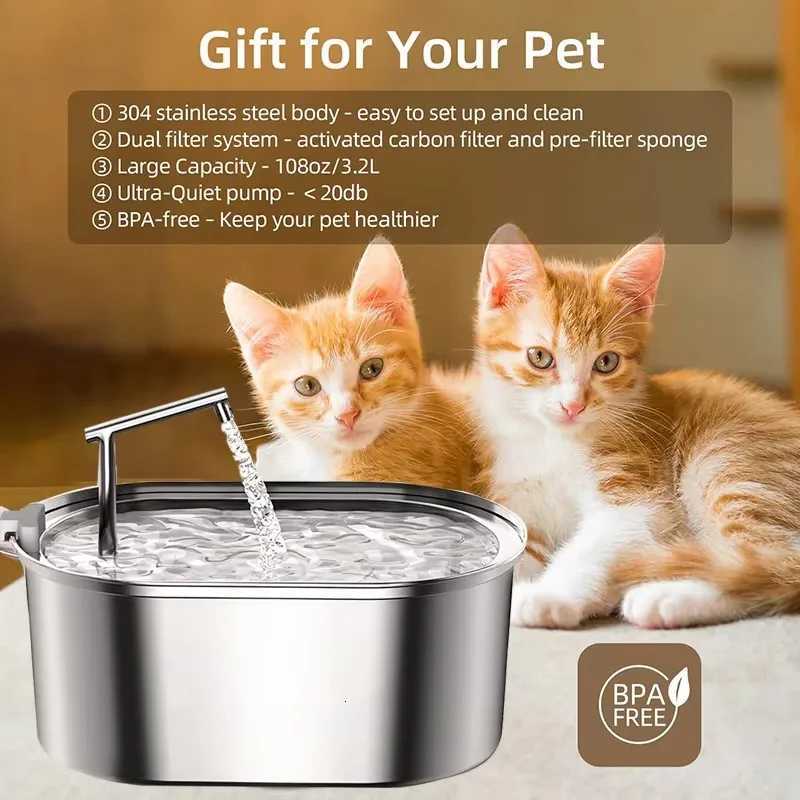Stainless Steel Cat Water Fountain Automatic Pet Drinker Drinking Fountain For Cats Dogs Drinking Bowl with Replaceable Filter M251204