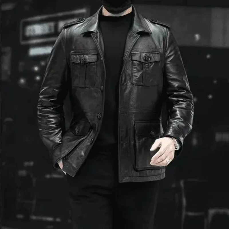 Coats Leather Slim-fit Hunting Suits Short Lapels Multiple Pockets New Men Clothing High-end Quality Motorcycle Leather JacketsT251204
