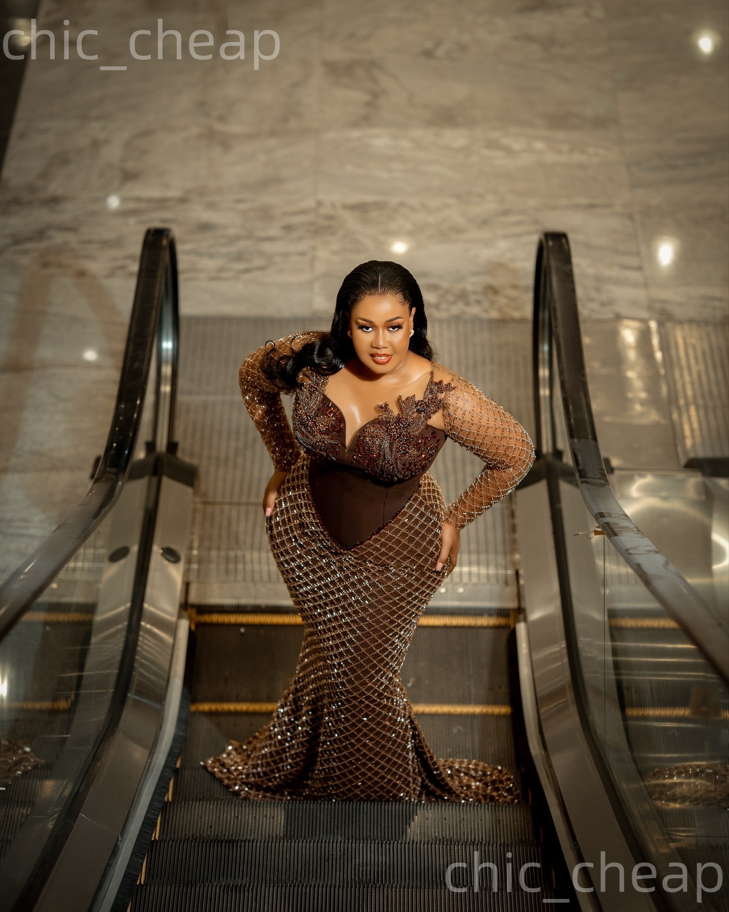 Aso Ebi Chocolate Mermaid Prom Dresses 2026 Sheer Neck Crystals Sparkly Evening Formal Party Second Birthday Engagement Gowns Plus Size Dress For Spec