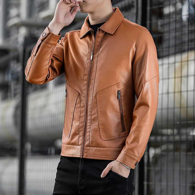 Mens Stand Collar Slim Leather Jacket Mens Fashion Moto Biker Windproof Causal Leather Coat Motorcycle Pu Leather Jacket CoatT251204