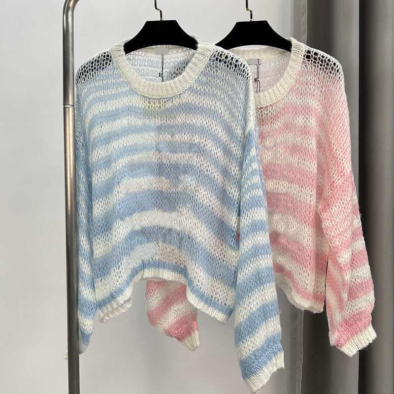 Crew Neck Hollow Sweater For Women Designer Pink Long Sleeve Thin Knits Tops Summer Vacation Street Style Sweaters