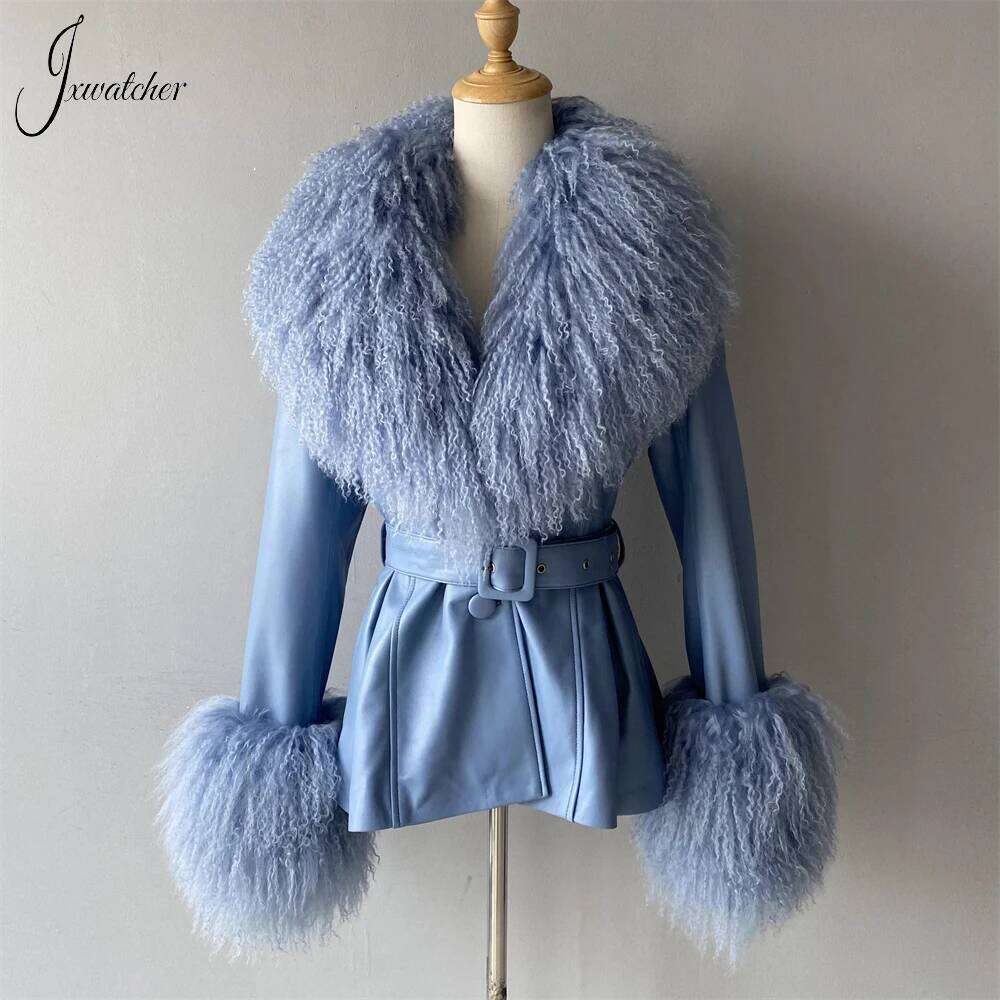 Jxwatcher Genuine Leather Jacket for Women Mongolian Fur Collar Cuffs Ladies Real Sheepskin Coat with Belt Spring Outerwear