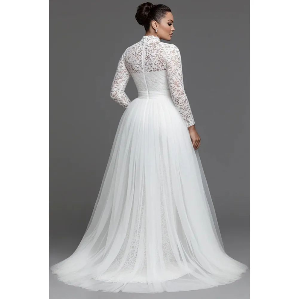 Side Slit Sheath Lace Wedding Dresses With Detachable Skirt 2026 High Collar Long Sleeves Elegant Bridal Gowns Ivory Vestidos De Novia D04 B0312