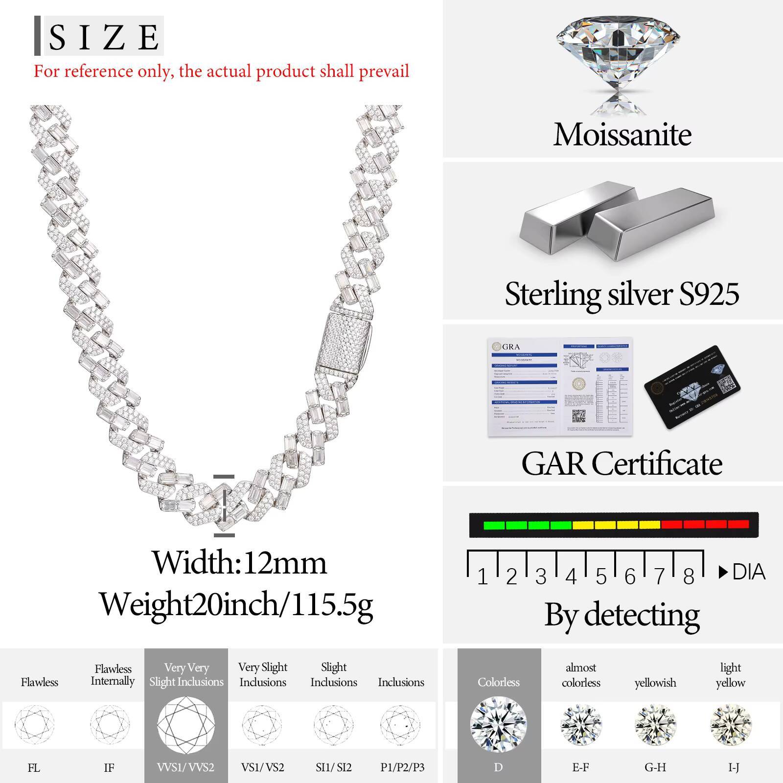 Pass Diamond Tester 12mm 14K 18K 925 Sterling Silver VVS Baguette Moissanite Iced Out Cuban Link Chain Necklace for Men