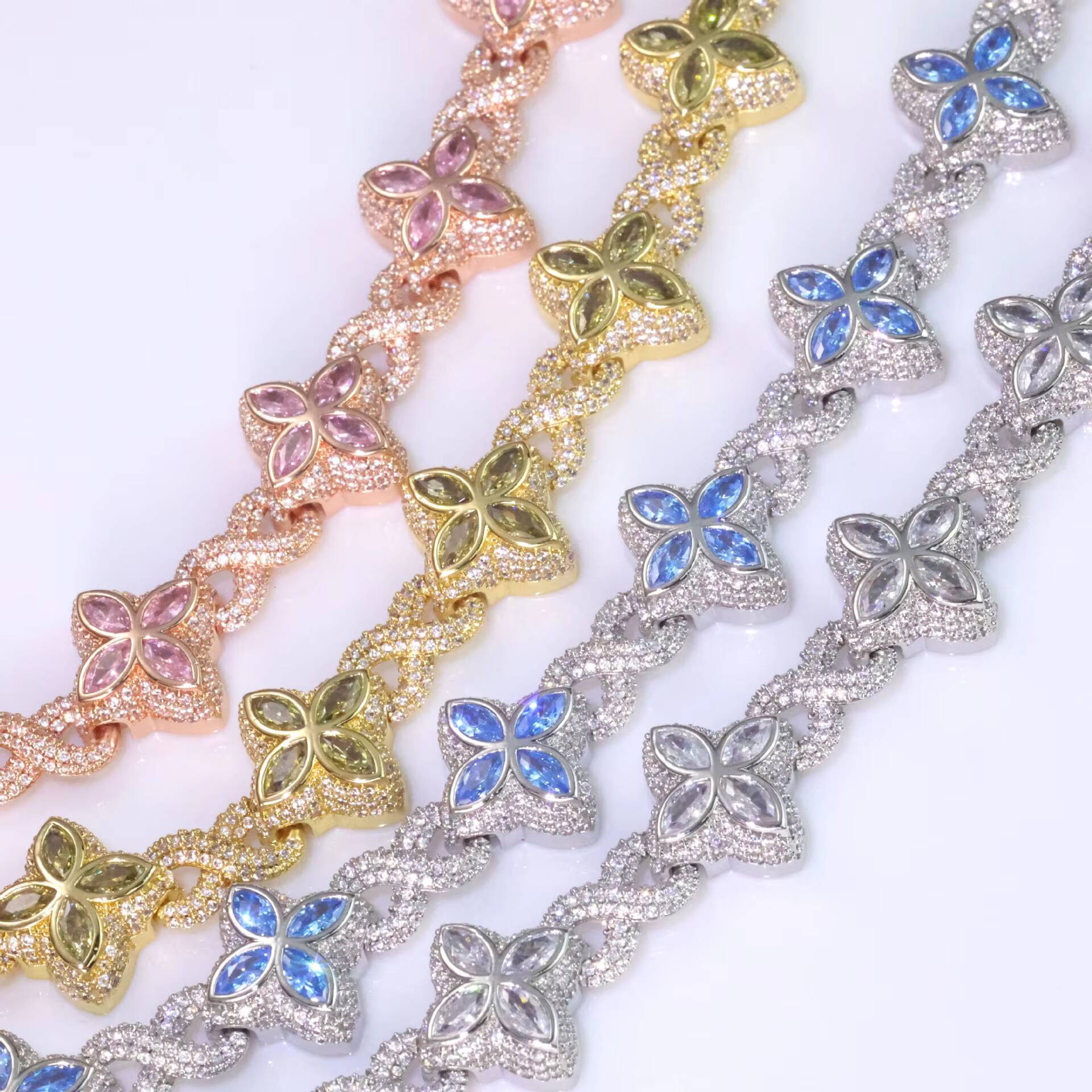 Luxury 925 Sterling Silver Versatile Hip Hop Link Chain Necklace Colored Moissanite Cuban Clover Flower Pattern Unisex