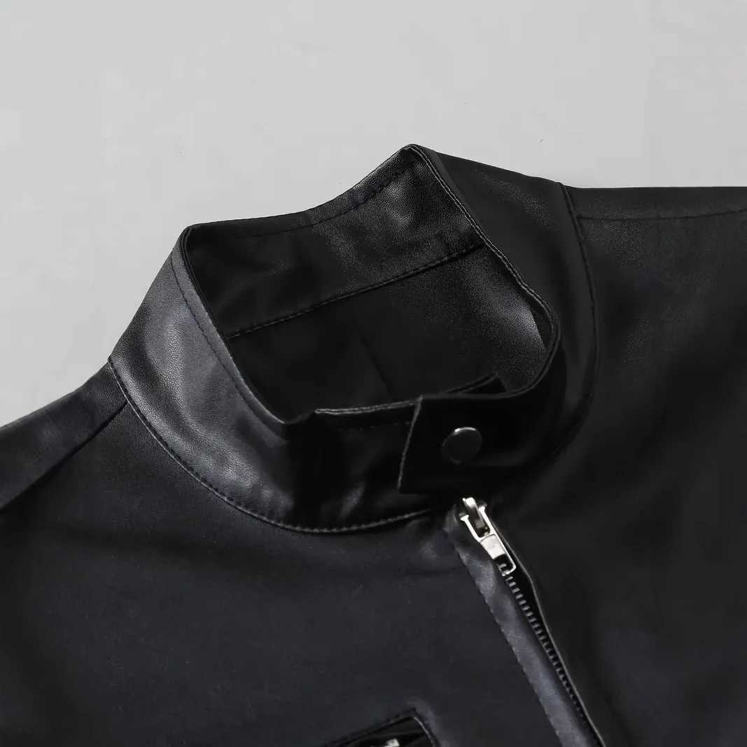 Black Color Mens Stand Up Collar Slim Fit Pu Leather Jacket with Chain Pockets Motorcycle Streetwear Mens ClothesT251204