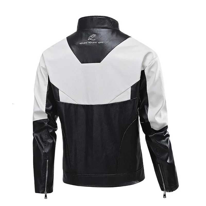 Autumn Man Leather Jacket Motorcycle Punk Contrast Color Patchwork Men Coat Windproof Stand Collar Long Sleeve Male OuterwearT251204