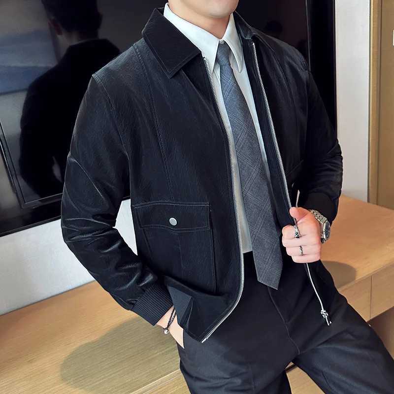 Mens Jackets High Quality Business Casual PU Jacket For Men Fashion Turn Down Collar Zip Up Slim Fit Coats Male Clothing BlackT251204