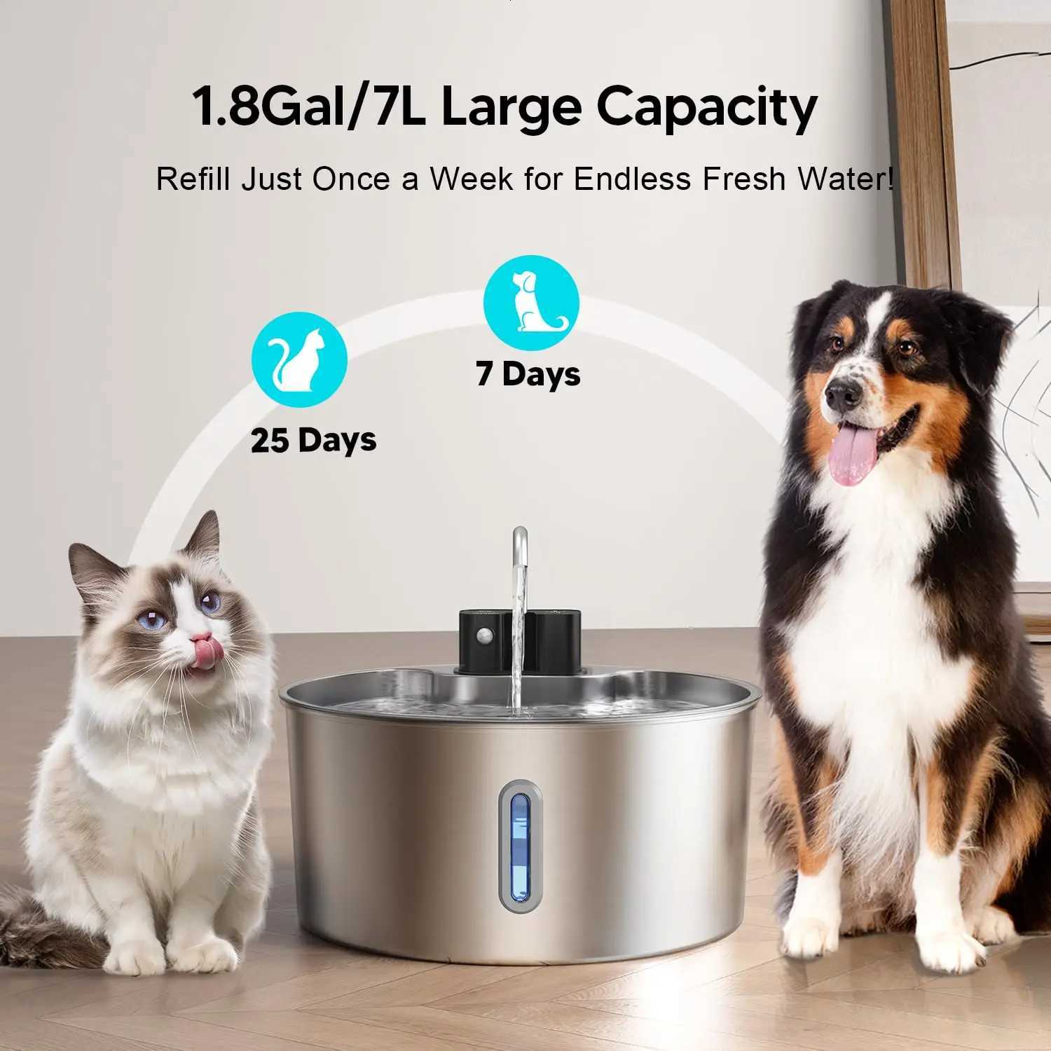7L Cordless Cat Water Fountain Battery Powered Cordless Stainless Steel Pet Water Fountain Rechargeable Built-in Motion Sensor M251204