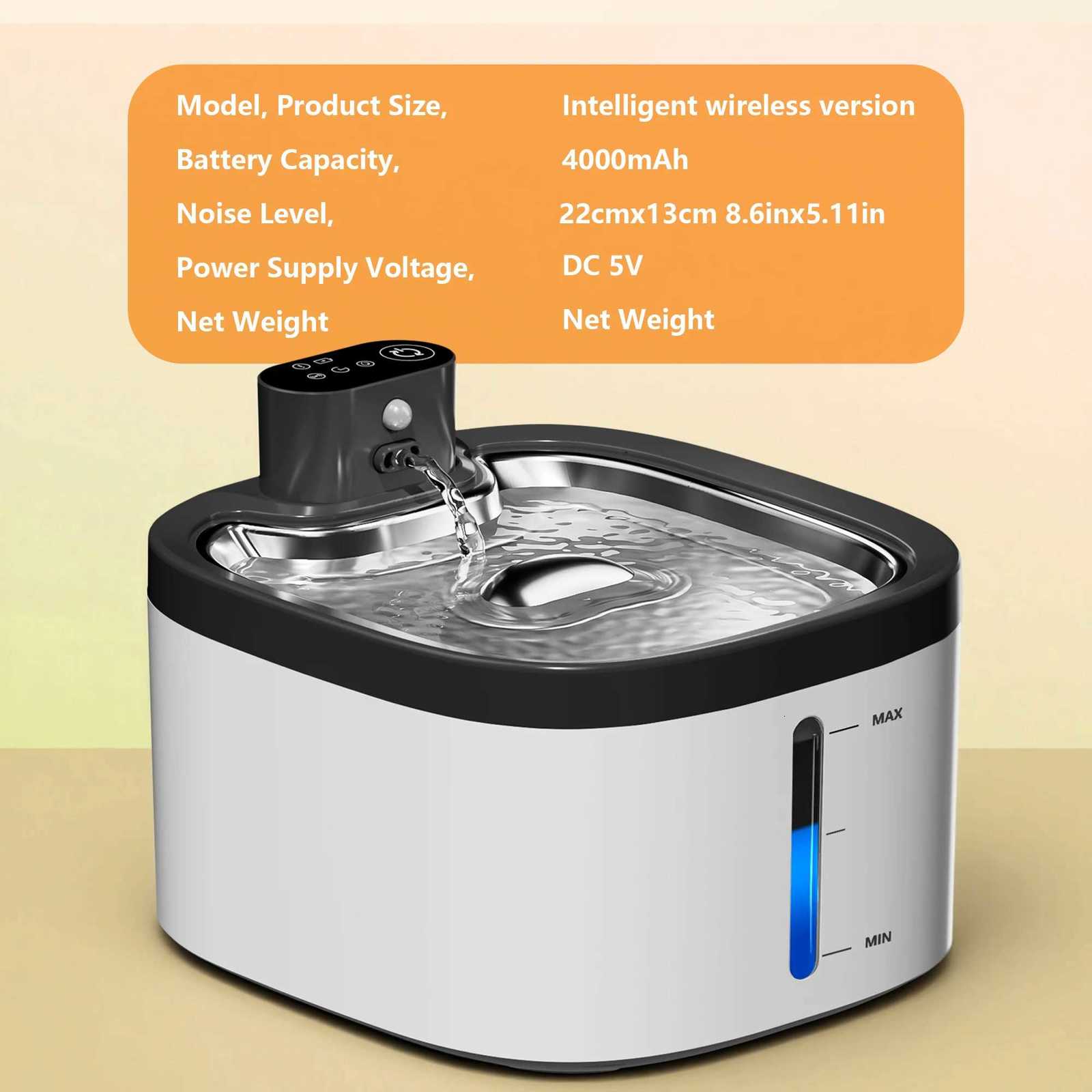 Wireless Cat Water Fountain 35L 304 Stainless Steel Smart Sensor Pet Water Dispenser 4000mAh Battery Silent Auto cats Dispenser M251204