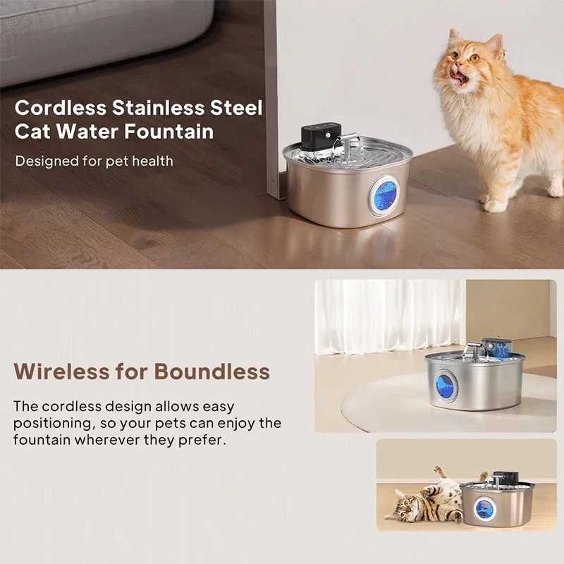 Voford 32L Stainless Steel Cat Water Fountain With 4000mAH Battery 3 Modes Dual Outlet Wireless Automatic Pet Drinking Fountain M251204
