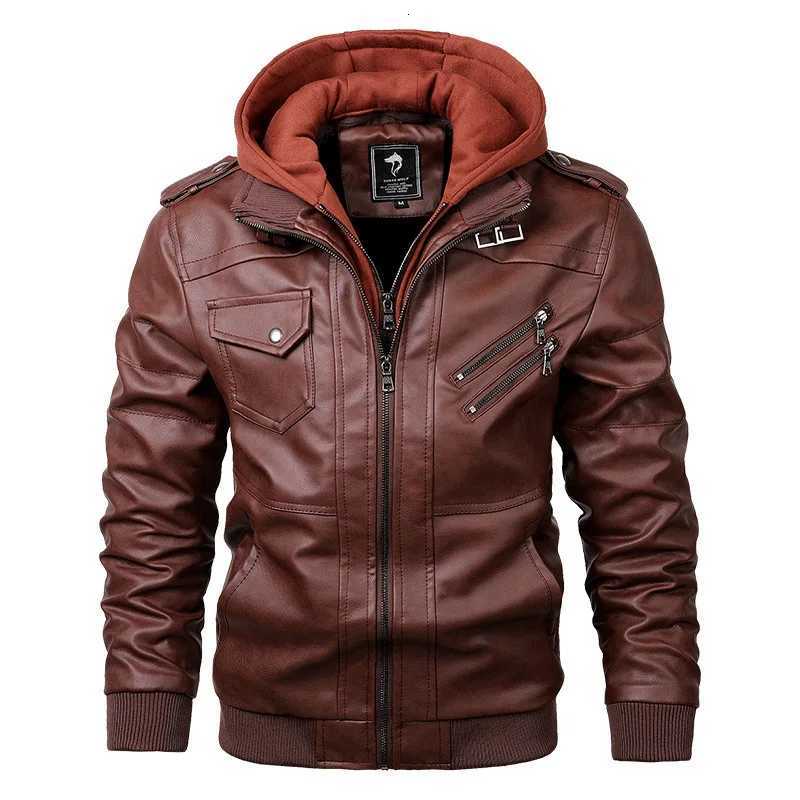 Autumn Mens Motorcycle Leather Jacket PU Fashion Slim-fit Removable Knitted Hat Leather Jacket MensT251204