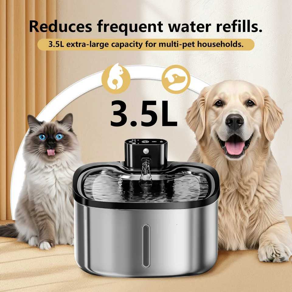 Cat Water Fountain Wireless 35L Pet Water Dispenser 304 Stainless Steel 4000mAh LED Water Level Auto Circulating Filter M251204