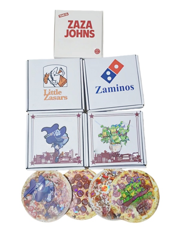 holographic pizza bag matching box 3.5 mylar bag stand up foil pouch die cut shape 1/8oz cali pack smell proof packaging baggies custom print