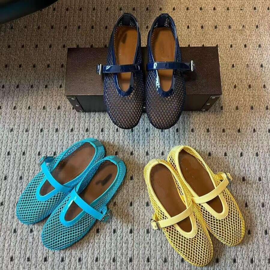 designer Mary Jane shoe jelly genuine leather Round toe Dance Office lady shoes Top Luxury ALA Mesh Ballet Flats Ballerina Cut-Outs pearl button buckle strap Dress