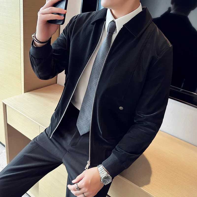 Mens Jackets High Quality Business Casual PU Jacket For Men Fashion Turn Down Collar Zip Up Slim Fit Coats Male Clothing BlackT251204