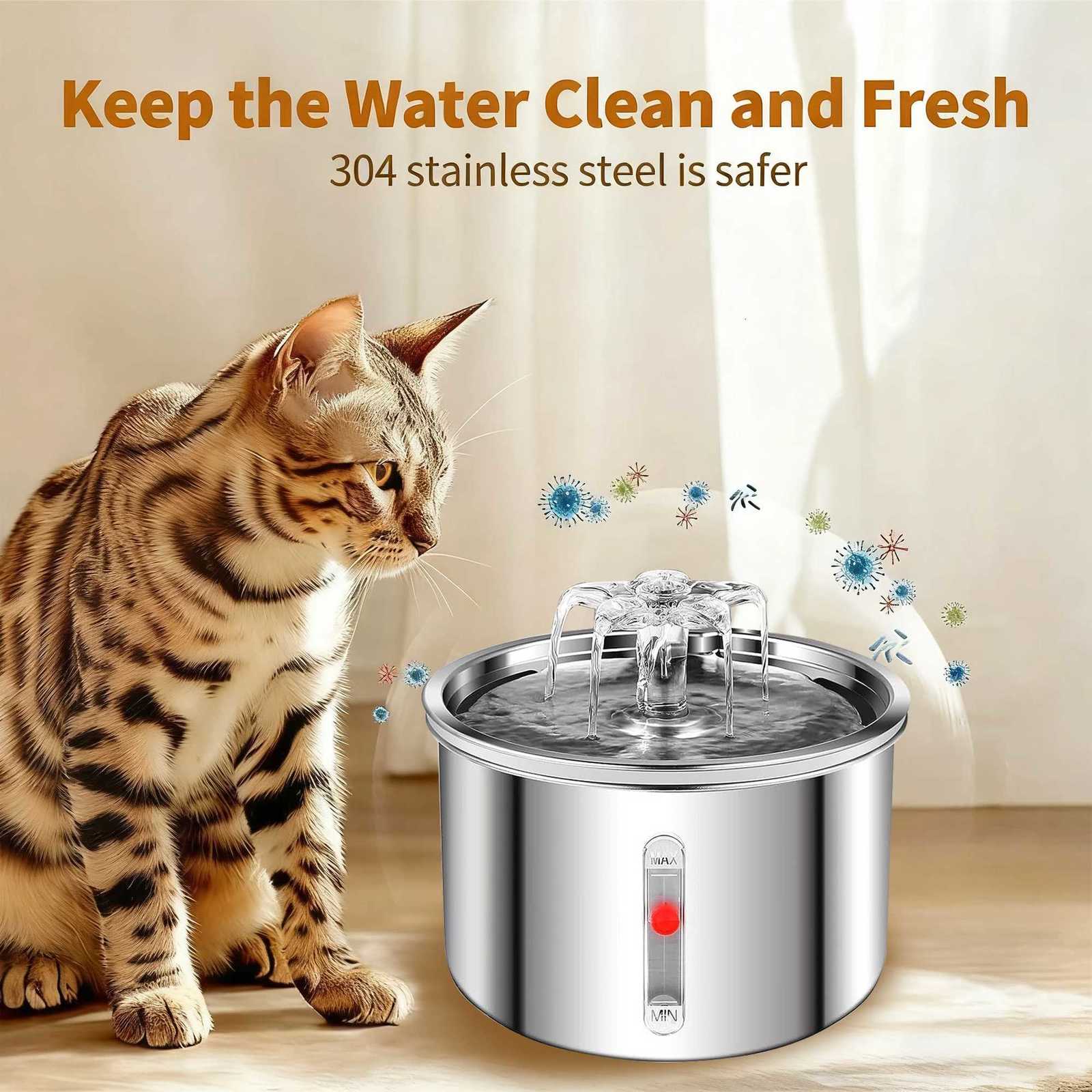 2L Cat Water Fountain Automatic Pet Water Dispenser Stainless Steel Drinking Bowl with USB Ultra-quiet Pump Pets Water Fountains M251204 - view 1