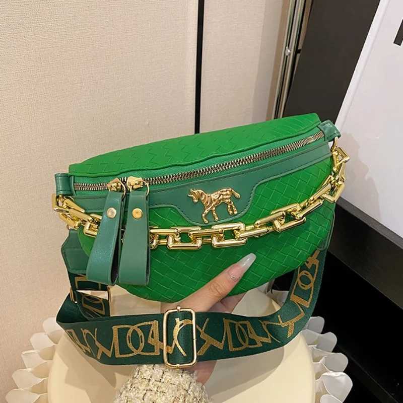 Stylish Braid PU Leather Fanny Pack For Women Luxury Thick Chain Waist Bag Trendy Applique Waist Pack Female Crossbody Chest BagT251204