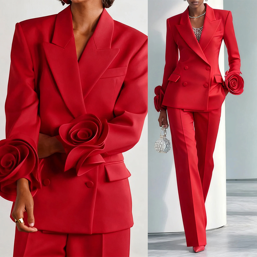 2 Pieces Red Flowers Women Pants Suits Long Sleeve Customized Formal Lady Wear Guest Party Blazer Sets