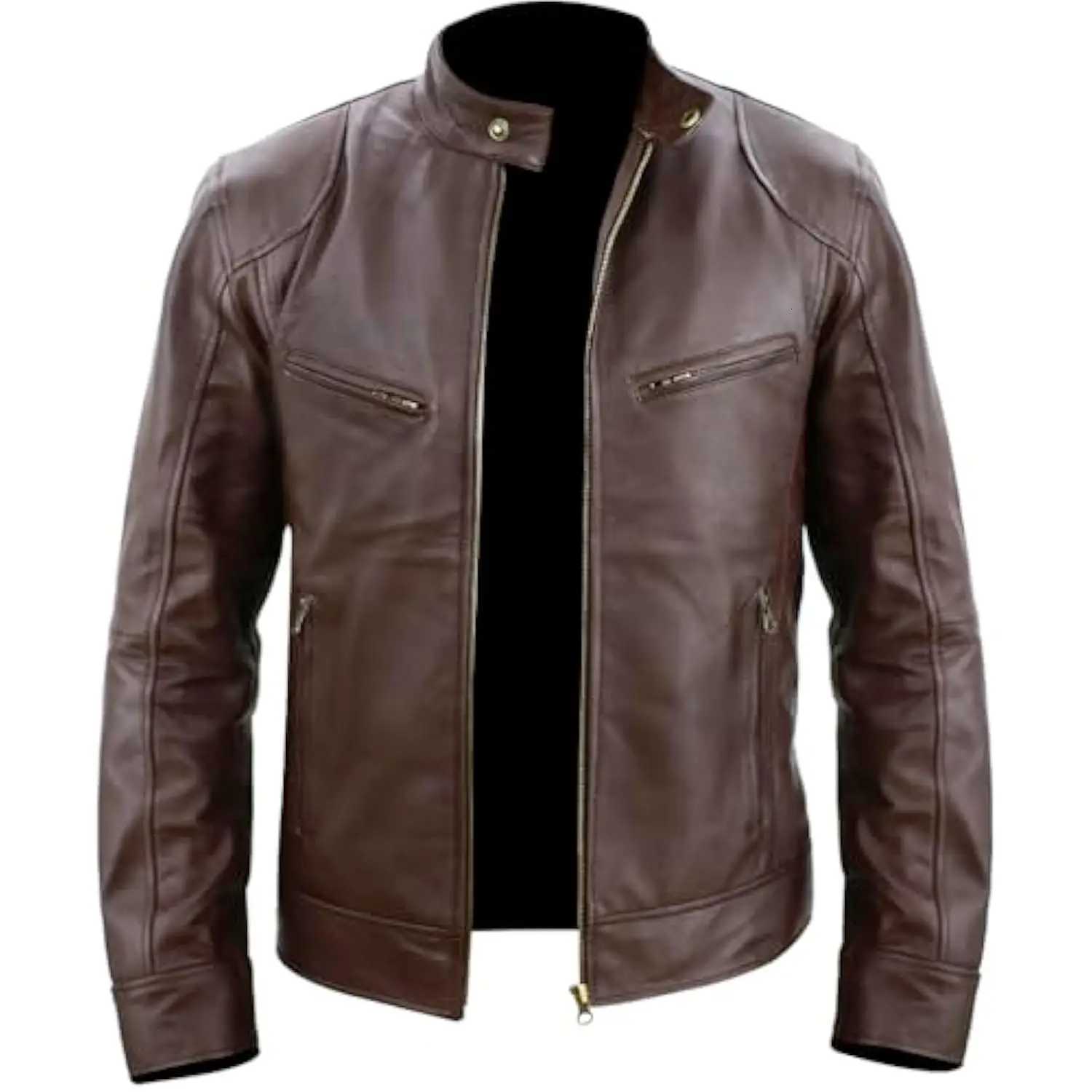 Fashion Male Leather Jacket Cafe Racer Slim Fit Motorcycle Leather Coat Retro Faux Leather Brand Mens JacketsT251204