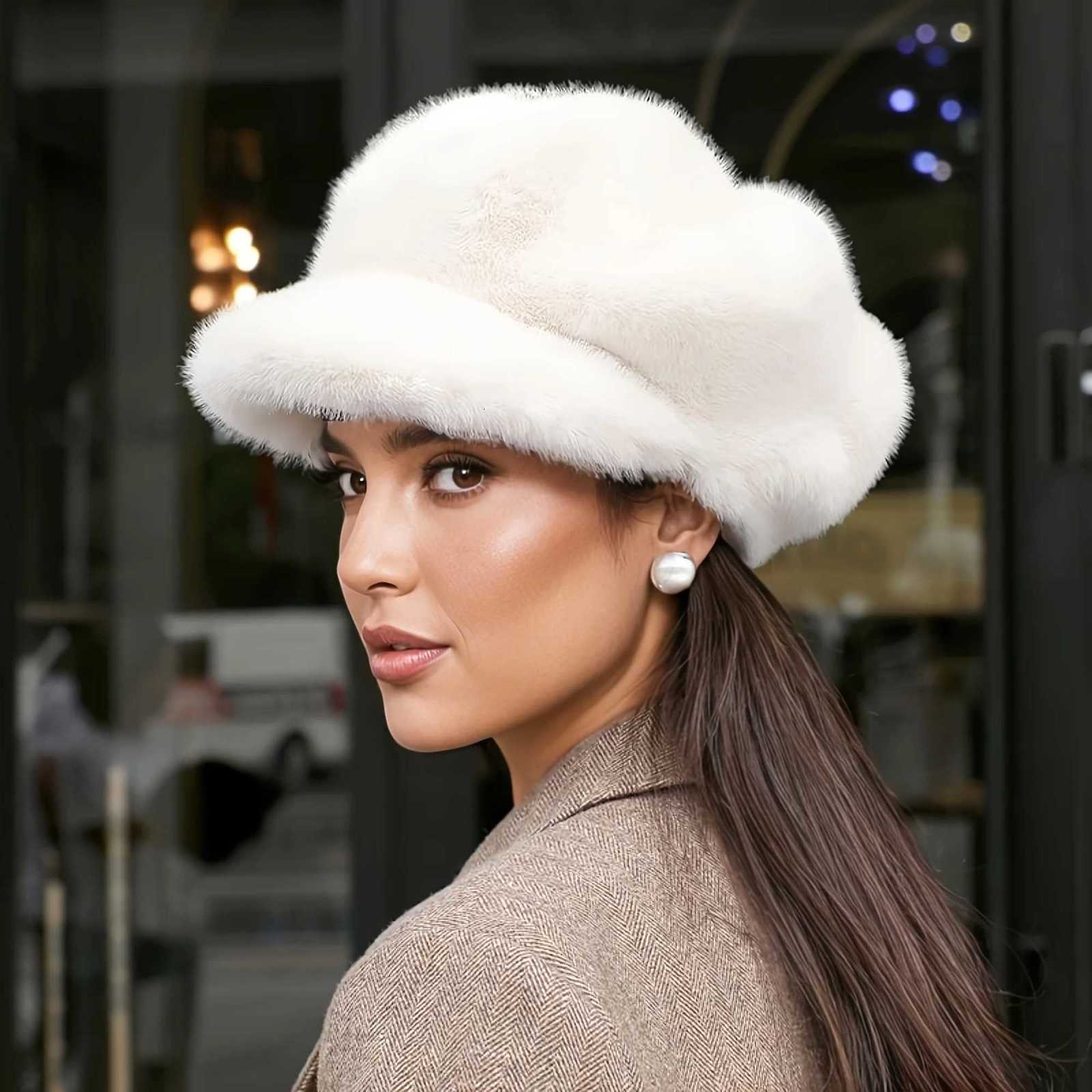 Womens Faux Fur Newsboy Cap Christmas Warm Cable Knit Beret Hat with Visor Fashion Retro Cabbie Hat for Winter Holiday XmasXJ251204 - view 5