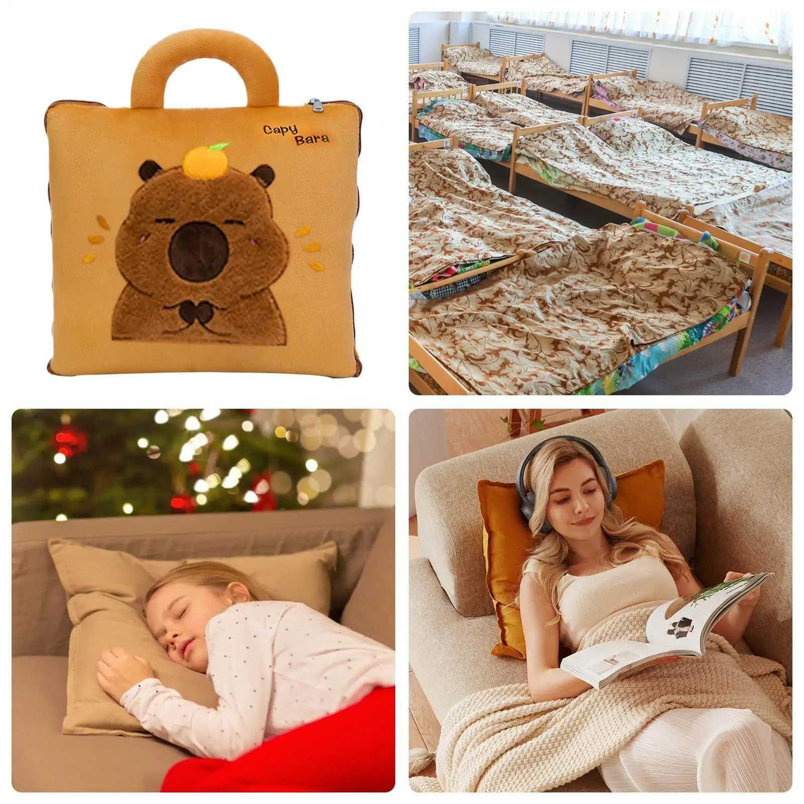 Travel Blanket Compact 2 In 1 Cute Capybara Airplane Blanket Travel Sleeping Mat Back Cushion Compact For Kids Adults Y251204