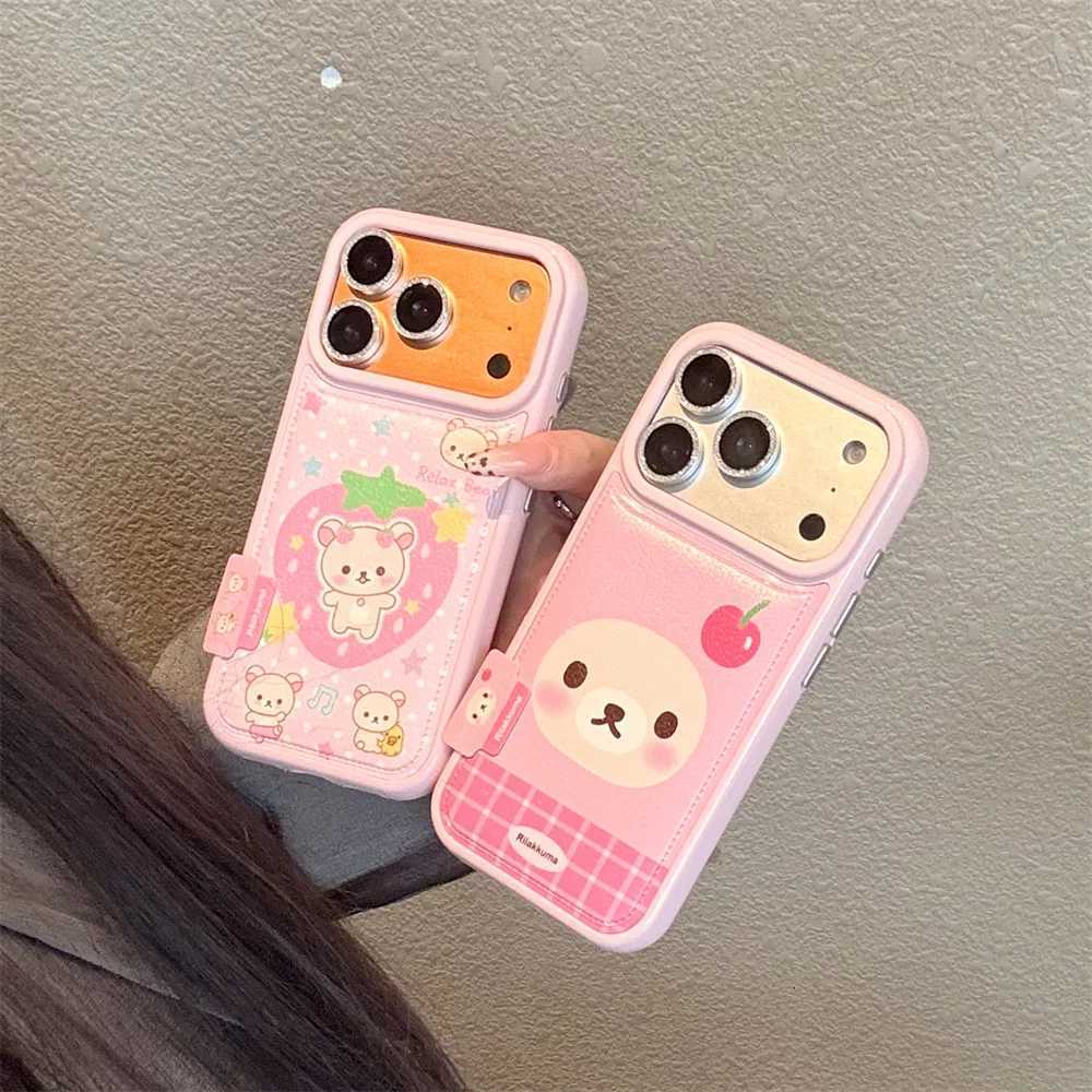 Korea INS Cute Strawberry Bear Fashion Leather Polka Dot Phone Case for iPhone 16 15 14 Pro Max 13 17 Pro Cover Cute Cartoon Fun H251203