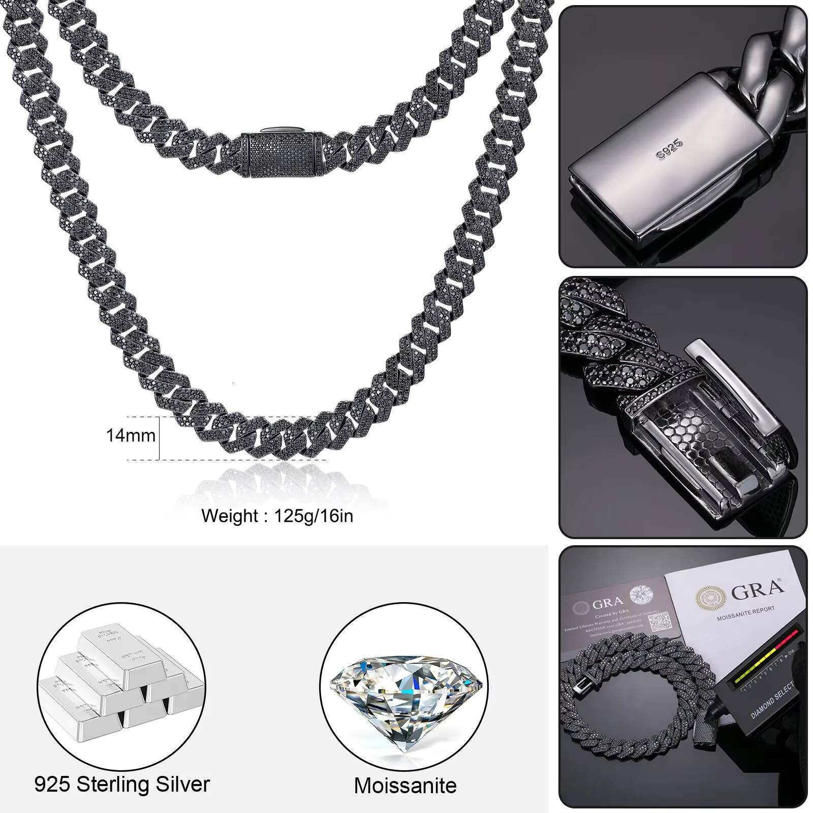 Black Cuban Link Chain Heavy Miami 14MM Rhomboid Gold Real Moissanite Solid 925 Silver Iced Out Shine Necklace Cuban Chain