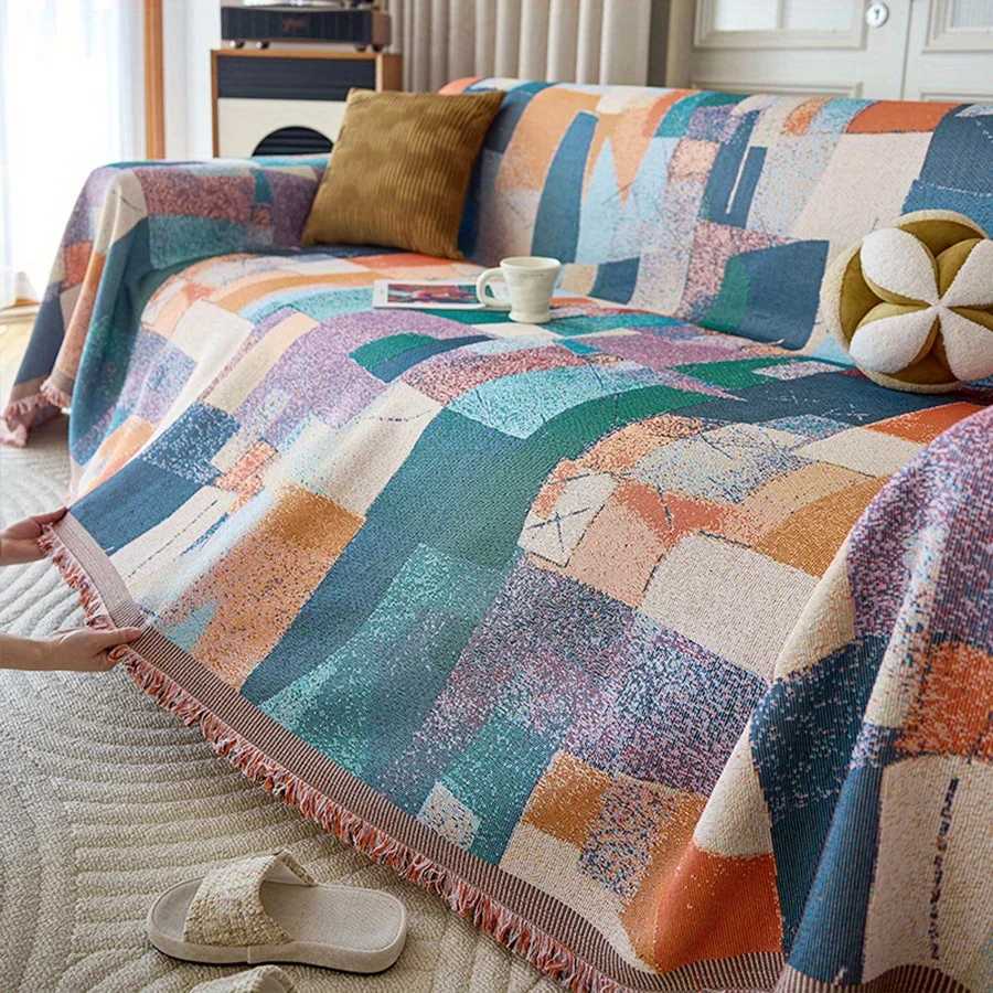 1pc Geometric Pattern Sofa Towel Chenille Sofa Throw Blanket With Tassels Four Seasons Universal Anti Cat Scratch Sofa Protector M251204 - view 3