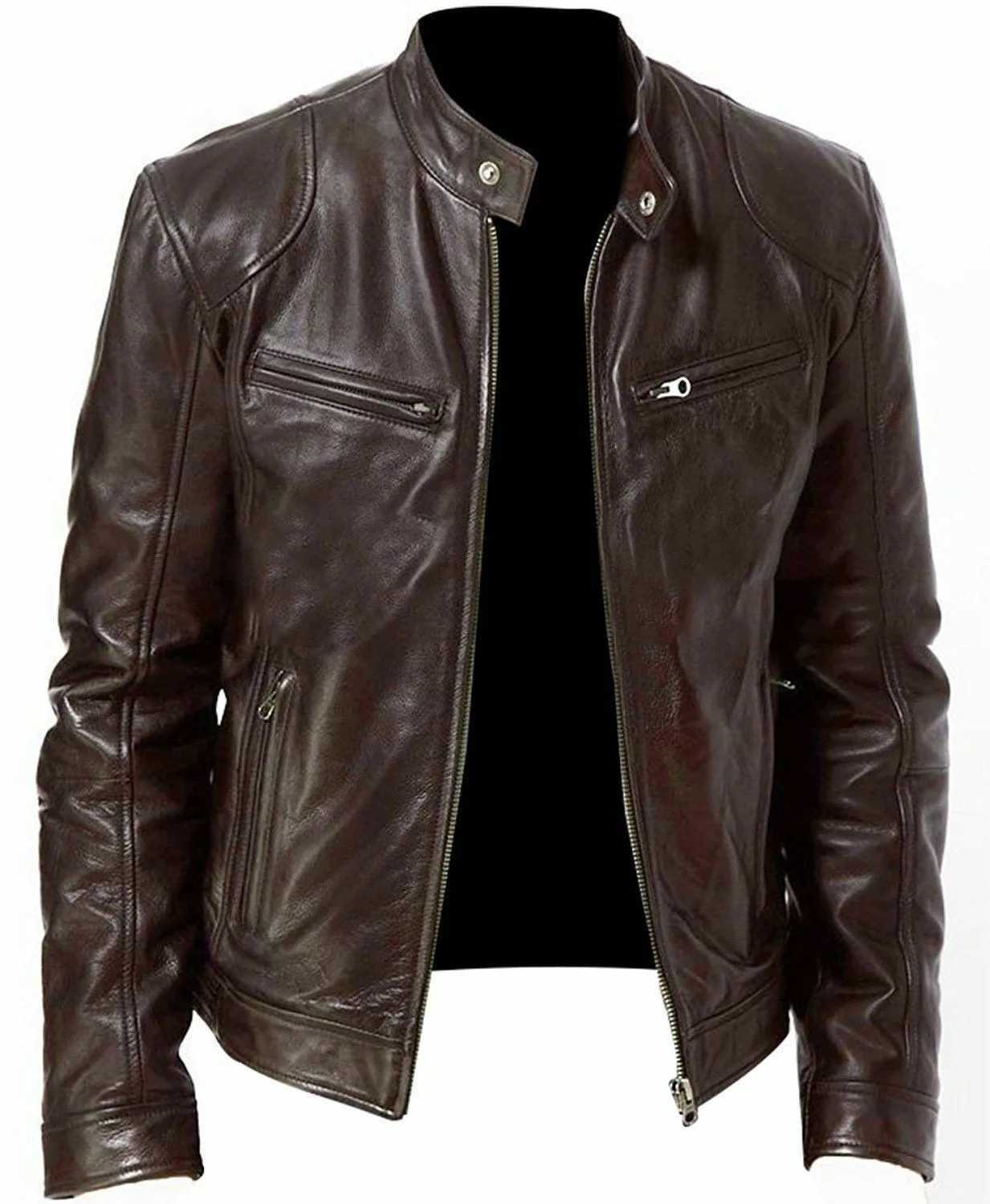 Fashion Male Leather Jacket Cafe Racer Slim Fit Motorcycle Leather Coat Retro Faux Leather Brand Mens JacketsT251204