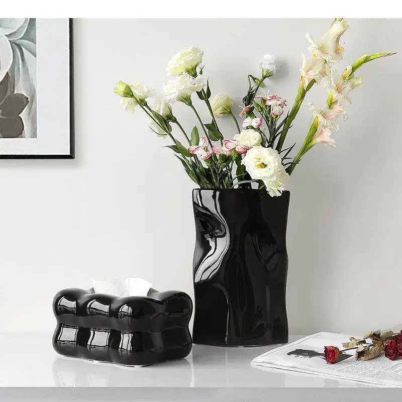 Pleated Bag Shape Vase Ceramic Flower Pots Desk Decoration Artificial Flowers Decorative Floral Arrangement Vases H251204