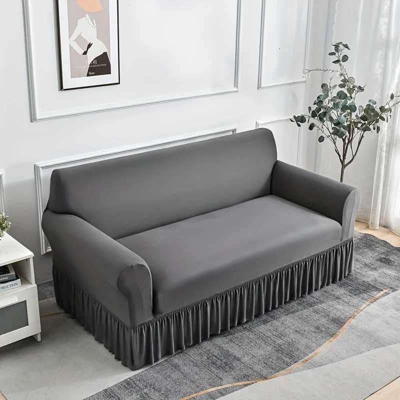 1pc Stretch Sofa Slipcover Non-slip Sofa CoverWith Skirt Solid Color Couch Cover for Bedroom Office Living Room Home Decor M251204 - view 7