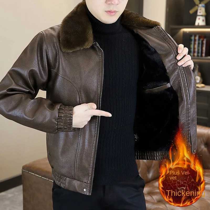 2025Mens Fleece-Lined Thickened Fur Collar Leather Jacket Autumn Winter New Style High-QualityT251204