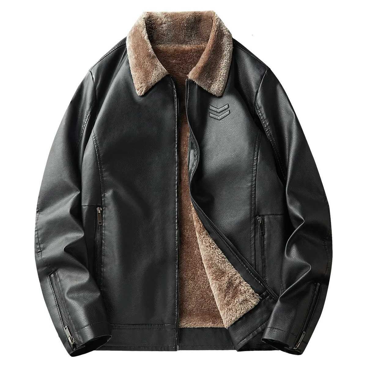 High Quality Classical Mens Winter Autumn Fur Collar PU Leather Jacket Mens PU Leather Vintage Jackets Fleece Multi-pocket MaleT251204