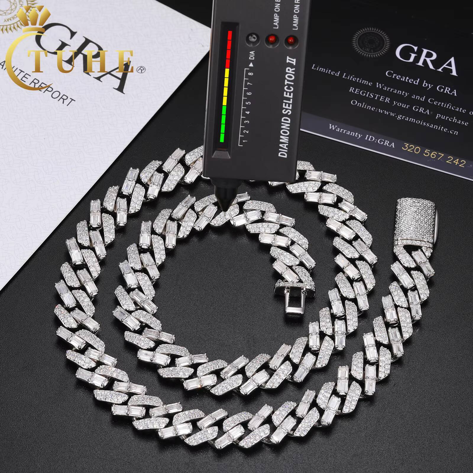 Pass Diamond Tester 12mm 14K 18K 925 Sterling Silver VVS Baguette Moissanite Iced Out Cuban Link Chain Necklace for Men