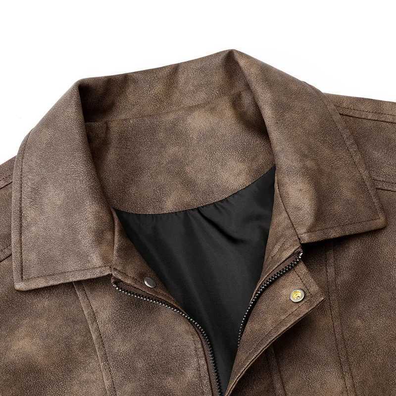 2025 Autumn Men Leather Coat Vintage Motorcycle Punk Turn Down Collar Male Coat Long Sleeve Windproof Waterproof Man OuterwearT251204