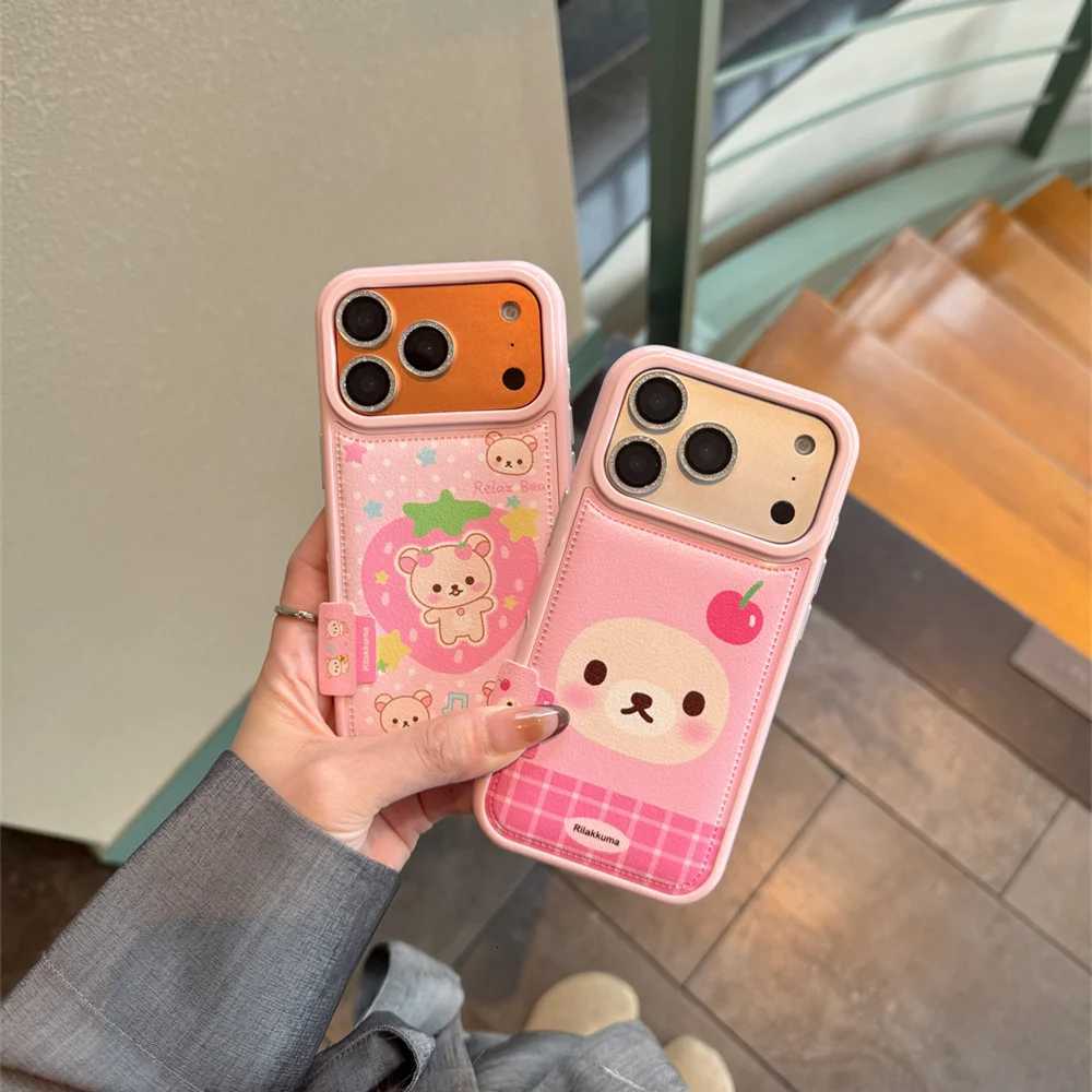 Korea INS Cute Strawberry Bear Fashion Leather Polka Dot Phone Case for iPhone 16 15 14 Pro Max 13 17 Pro Cover Cute Cartoon Fun H251203