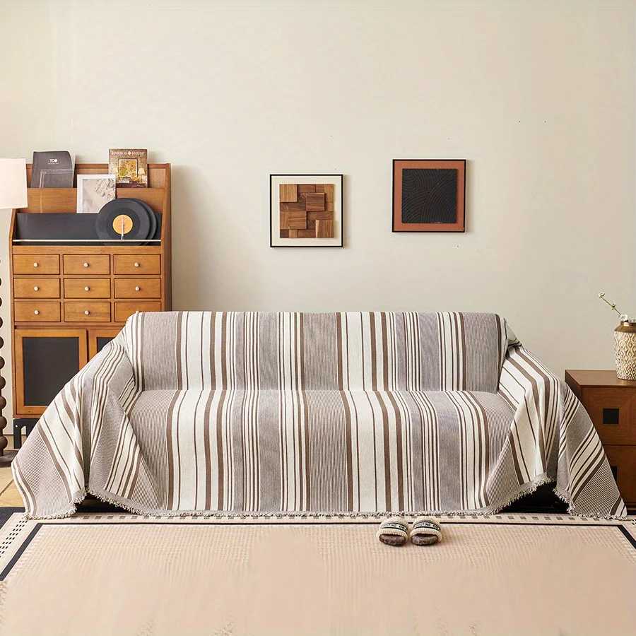 1PC Chenille Sofa Towel All-cover Coffee Striped Pattern Sofa Throw Blanket With Tassels Couch Protector Double Face Usable M251204 - view 3