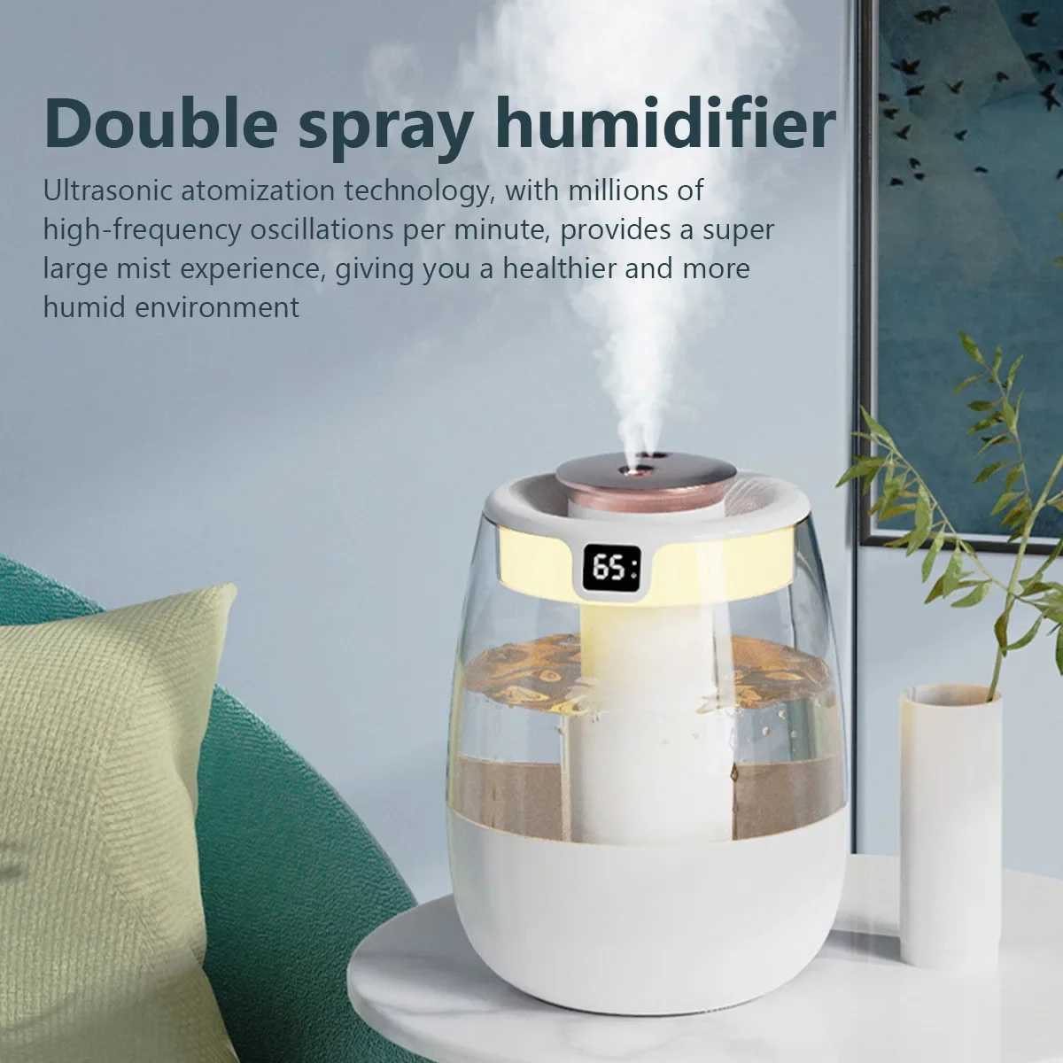 USB-powered portable double-nozzle cold mist bedro silent humidifier with intelligent digital display function for monitoring C251204