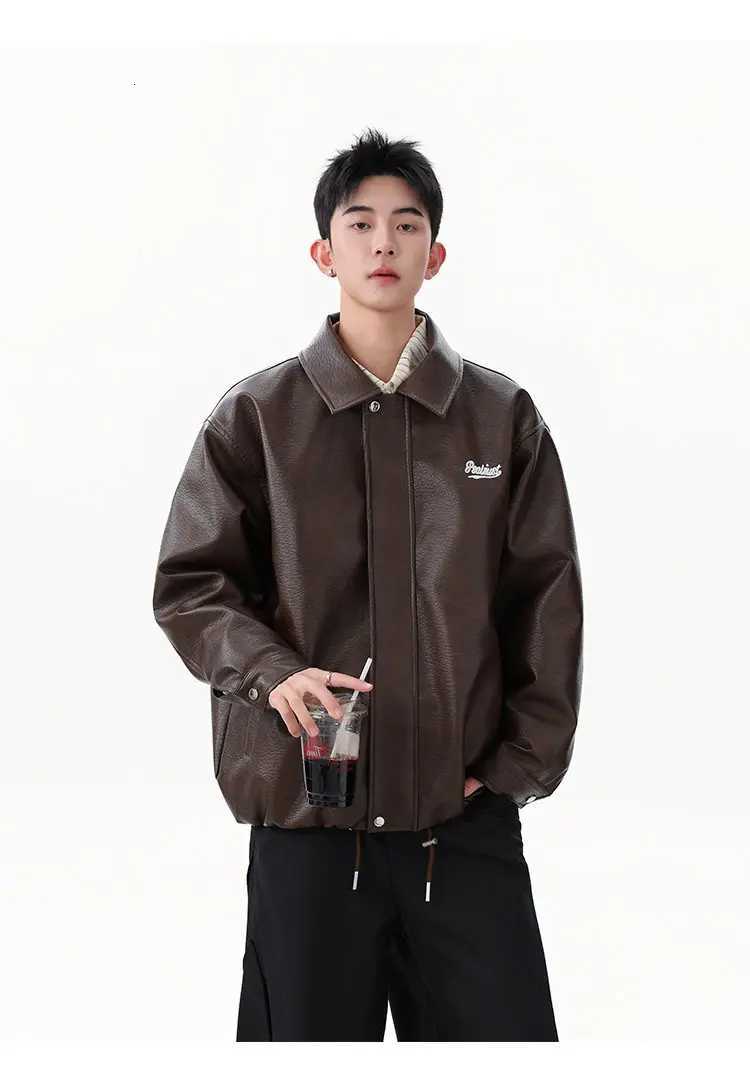 Spring and Autumn American Style Motorcycle Jacket Mens Loose Casual Handsome Turn-down Collar Black White PU Leather JacketT251204