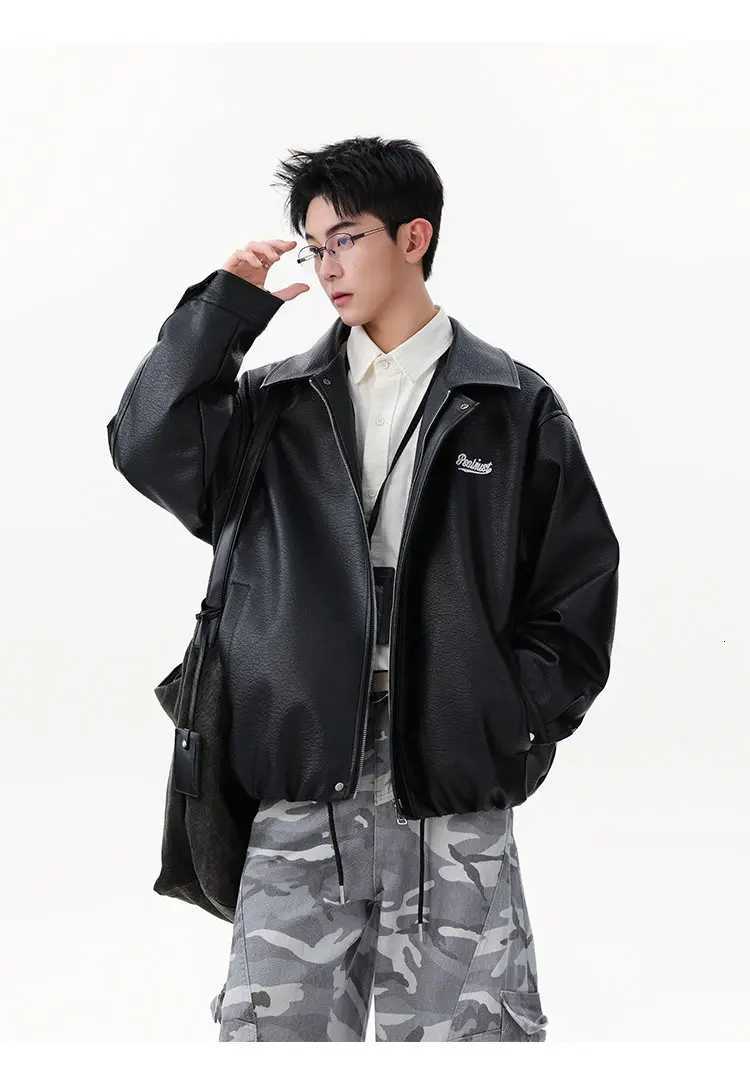 Spring and Autumn American Style Motorcycle Jacket Mens Loose Casual Handsome Turn-down Collar Black White PU Leather JacketT251204