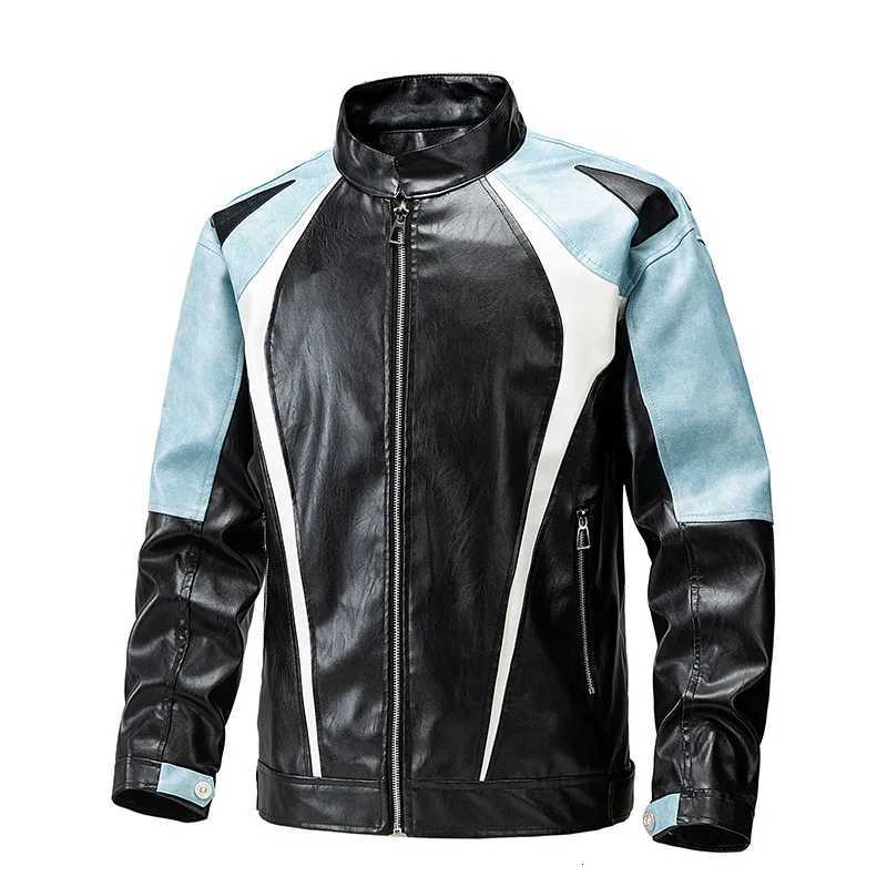 2024 mens new autumn and winter color-matching PU leather jacket youth fashion locomotive casual leather jacketT251204