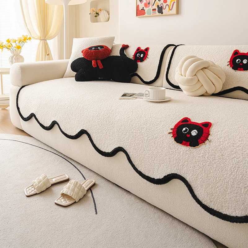 Solid Color Cute Cat Plush Sofa Cushion Thickened Non-Slip Winter Sofa Cover Living Room Sofa Mat Decorative Dust Backrest Towel M251204 - view 5