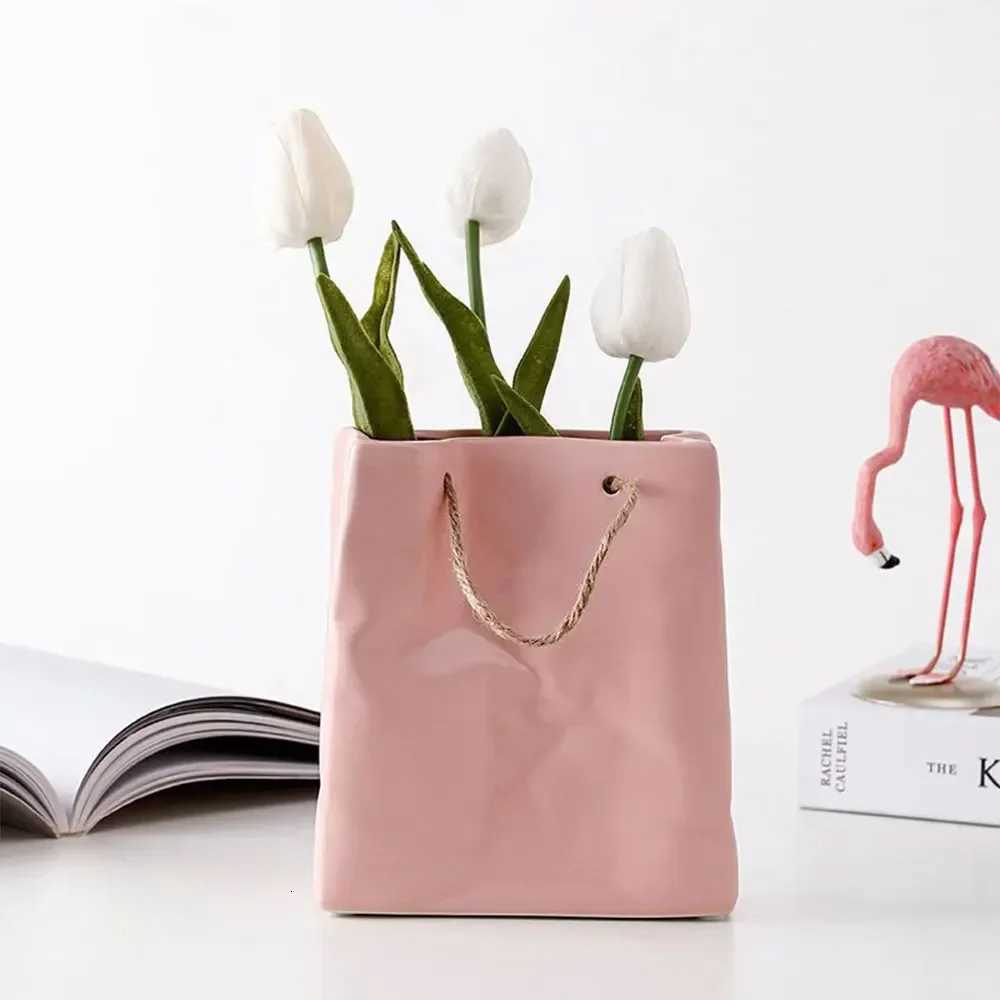 Ceramic Vase Nordic Creative Shopping Bag Design Handbag Dried Flower Arrangement Simple Living Ro Simation Decoration H251204