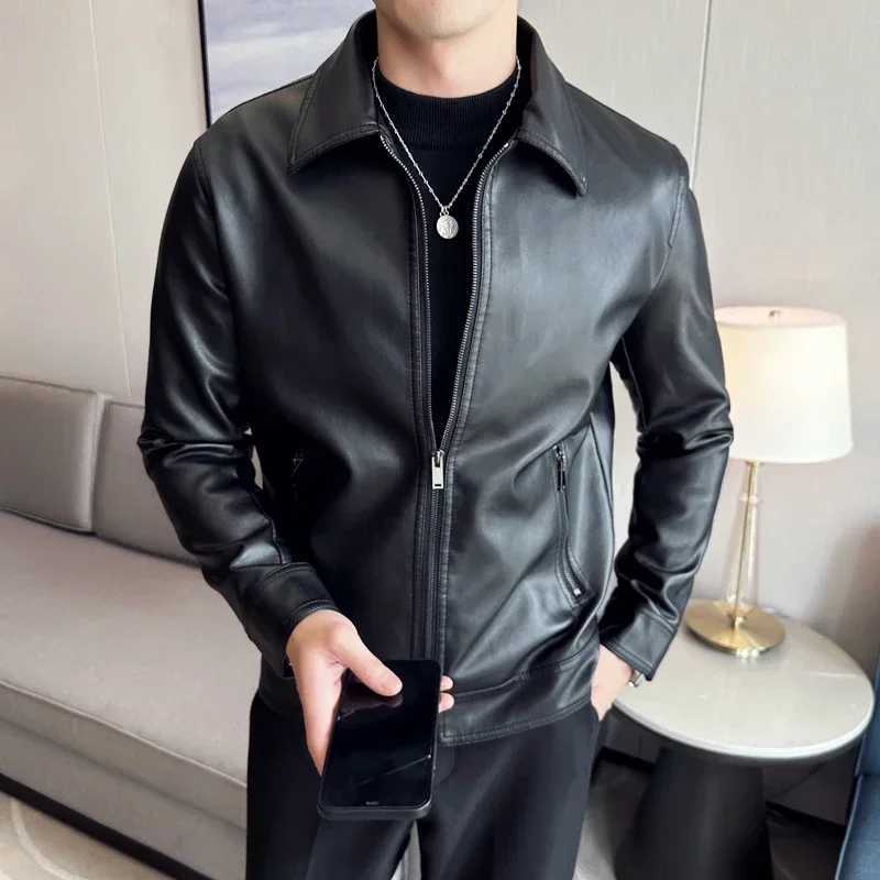 Men Bomber Leather Jacket 2024 New Anti-wind Lapel Solid Casual Slim Fit Jacket Coats Motorcycle PU Leather Jacket FashionT251204
