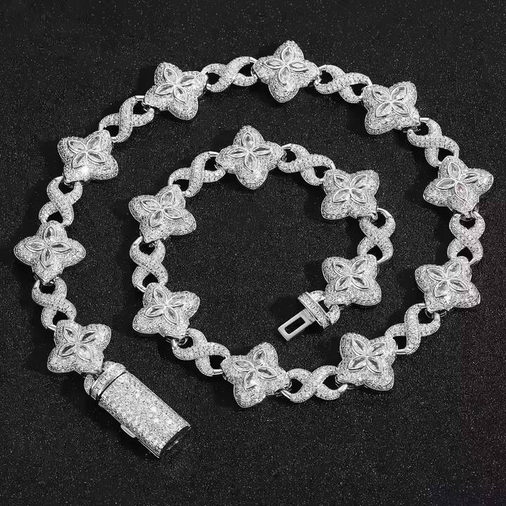 10mm Gold Silver Plated Link Chain Moissanite Iced Four Leaf Clover Cuban Necklace Perfect Daily Wear Wedding Gift
