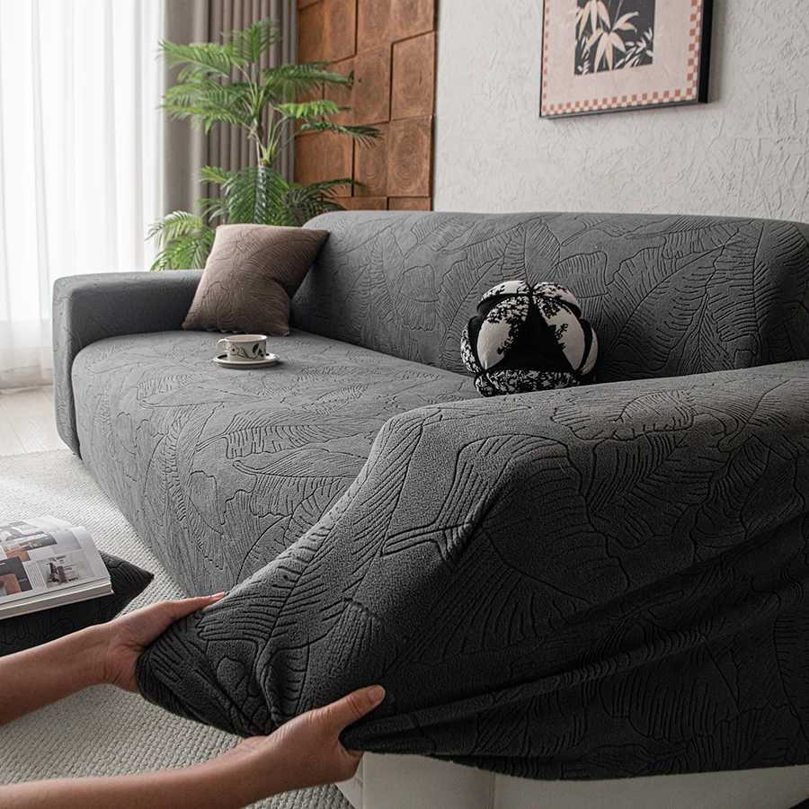 Botanical Leaf Jacquard Sofa Cover Soft Polar Fleece Stretchy Durable Pet Proof Fabric Easy Care Machine Washable for Year Round M251204 - view 5