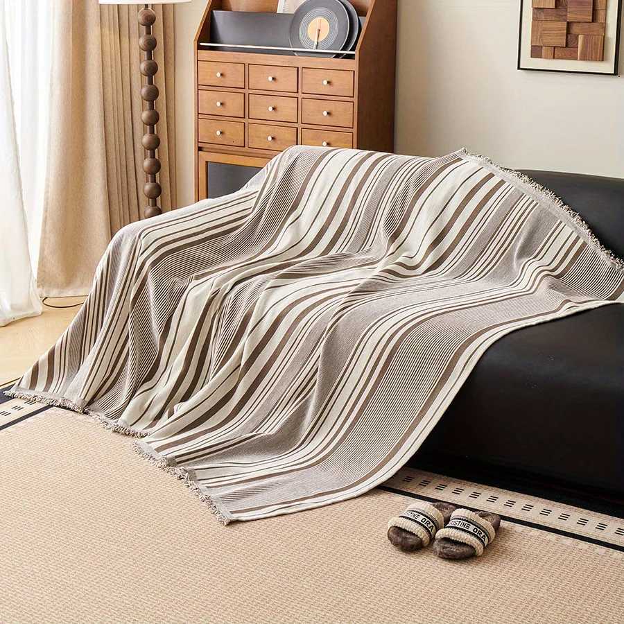 1PC Chenille Sofa Towel All-cover Coffee Striped Pattern Sofa Throw Blanket With Tassels Couch Protector Double Face Usable M251204 - view 4