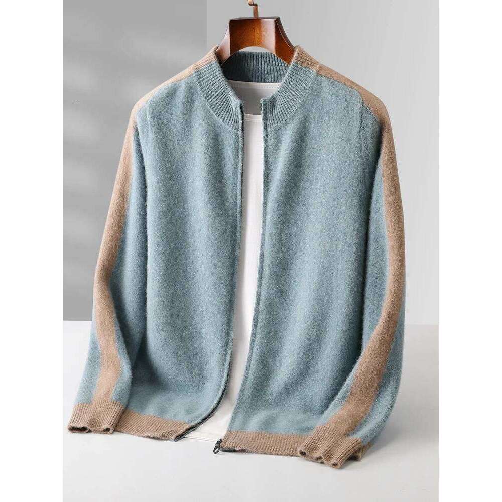 Chic Autumn Winter 100% Merino Wool Knitted Sweater Warm Jacquard Zipper Cardigan Coat Men's Thick Mock Neck Casual New Tops Mdng2510